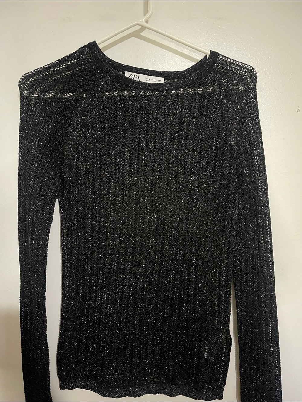 Zara Black Sheer Ribbed Knit Crewneck Sweater